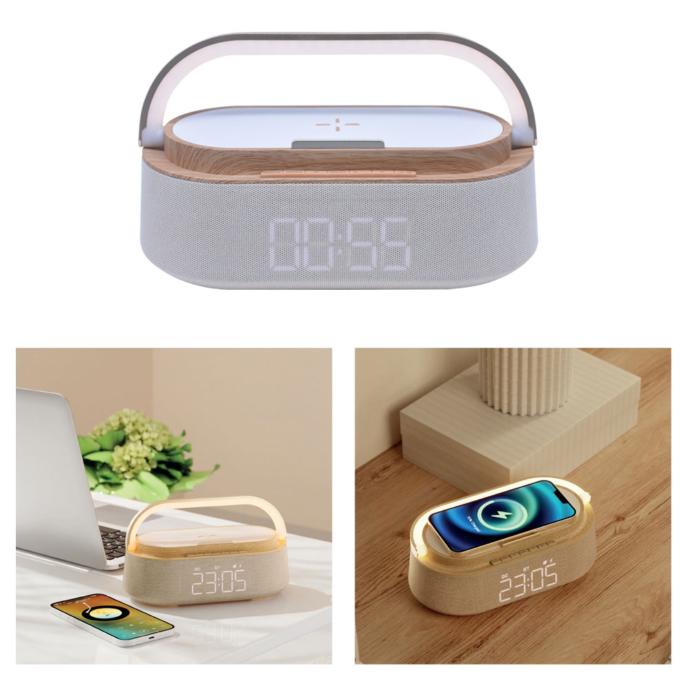 5’i 1 Arada Bluetooth Hoparlör, Kablosuz Şarj, Saat, Telefon Standı, Masa Lambası Promosyon Ürün